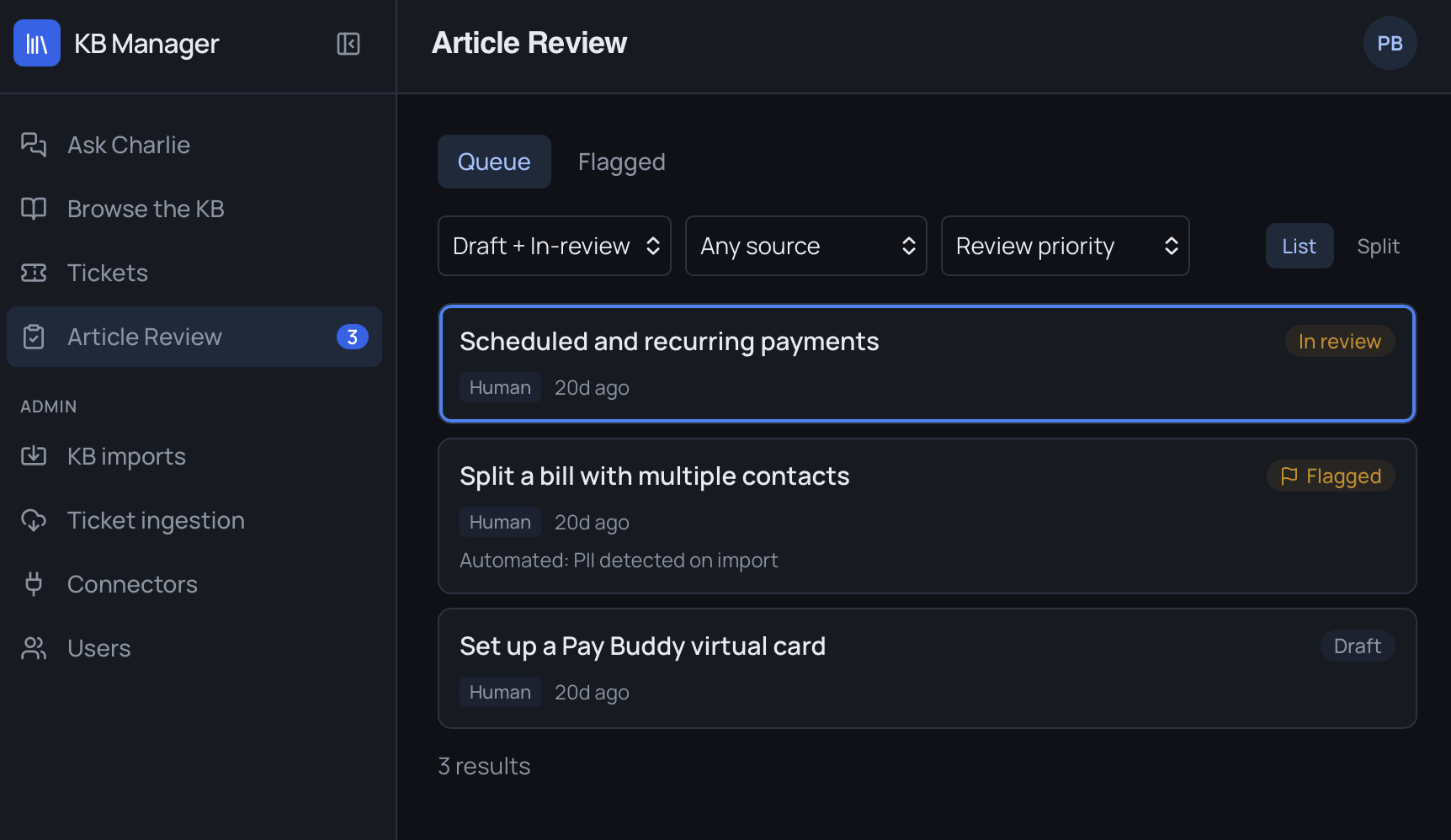 Support Copilot KB Manager article review queue, showing draft and flagged articles awaiting review